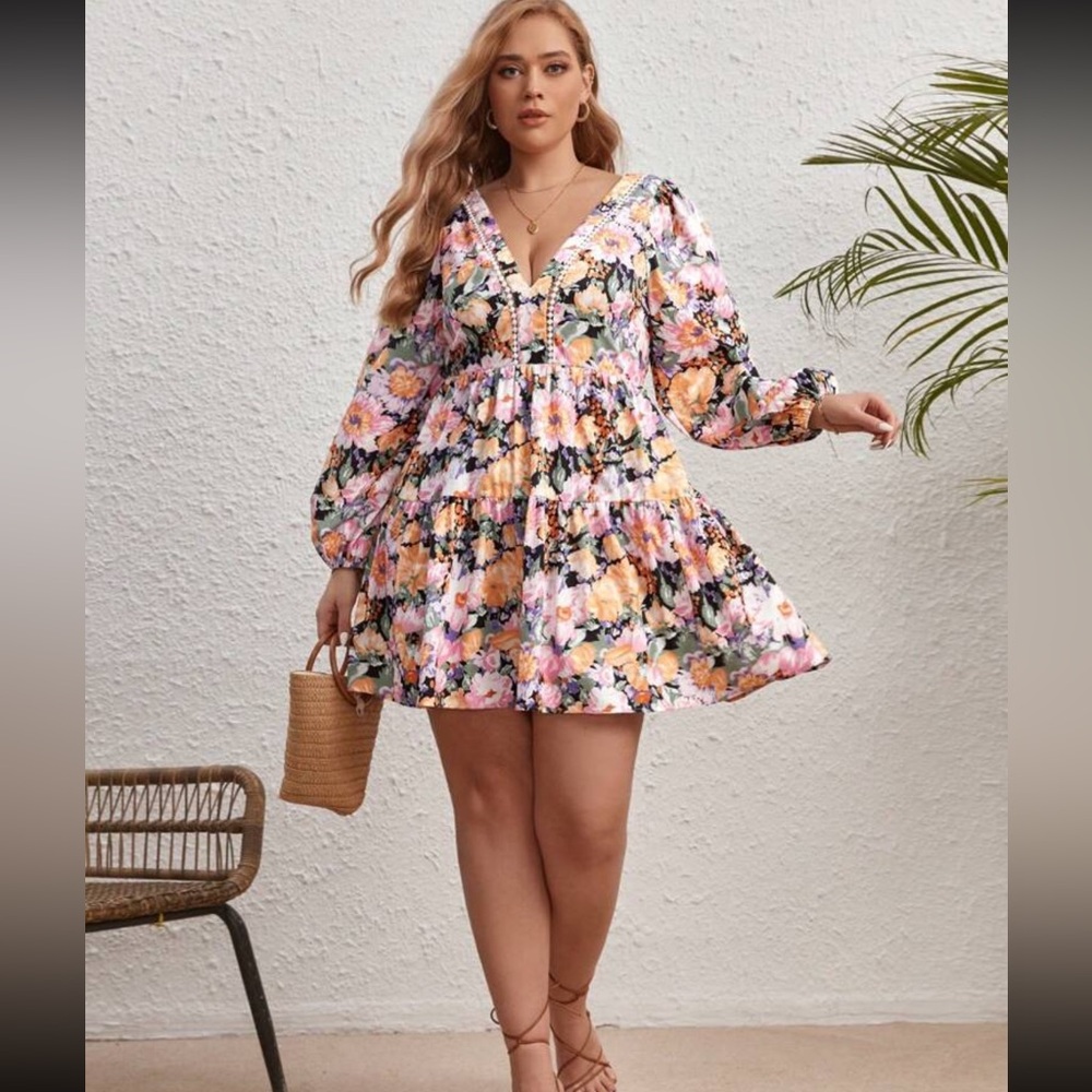 SHEIN VCAY Plus Floral Print Lantern Sleeve Ruffle Hem Dress